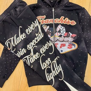 Conjunto Deportivo Personalizado de Estilo Urbano con Pedrería y Lavado Ácido, 100% Algodón, Pantalones Deportivos Acampanados con Estampado Gráfico Desteñido y Sudadera con Capucha y Cremallera - Product Image 2