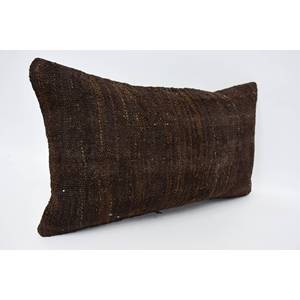 Brown Wool Kantha Patchwork Pillow 12x20 Inches with Subtle Striped Pattern Woven Decorative <b>Cushion</b> Embroidered Vintage Style - Product Image 3