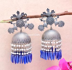 Indian Boho Style <b>Silver</b> Oxidized <b>Jhumka</b> Chandelier Earrings with Diamond Pearl Wedding Evening Party Gift for Her Made of Brass - Product Image 1