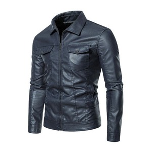 Chaqueta de cuero PU auténtica informal de otoño para hombre con solapa de negocios con cremallera fina de lona hinchada con tinte estampado - Product Image 1