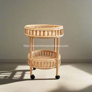 รถเข็นหวายเคลื่อนย้ายได้-โต๊ะข้างทนทานพร้อมโครงหวายธรรมชาติล้อสีดำ - Product Image 3