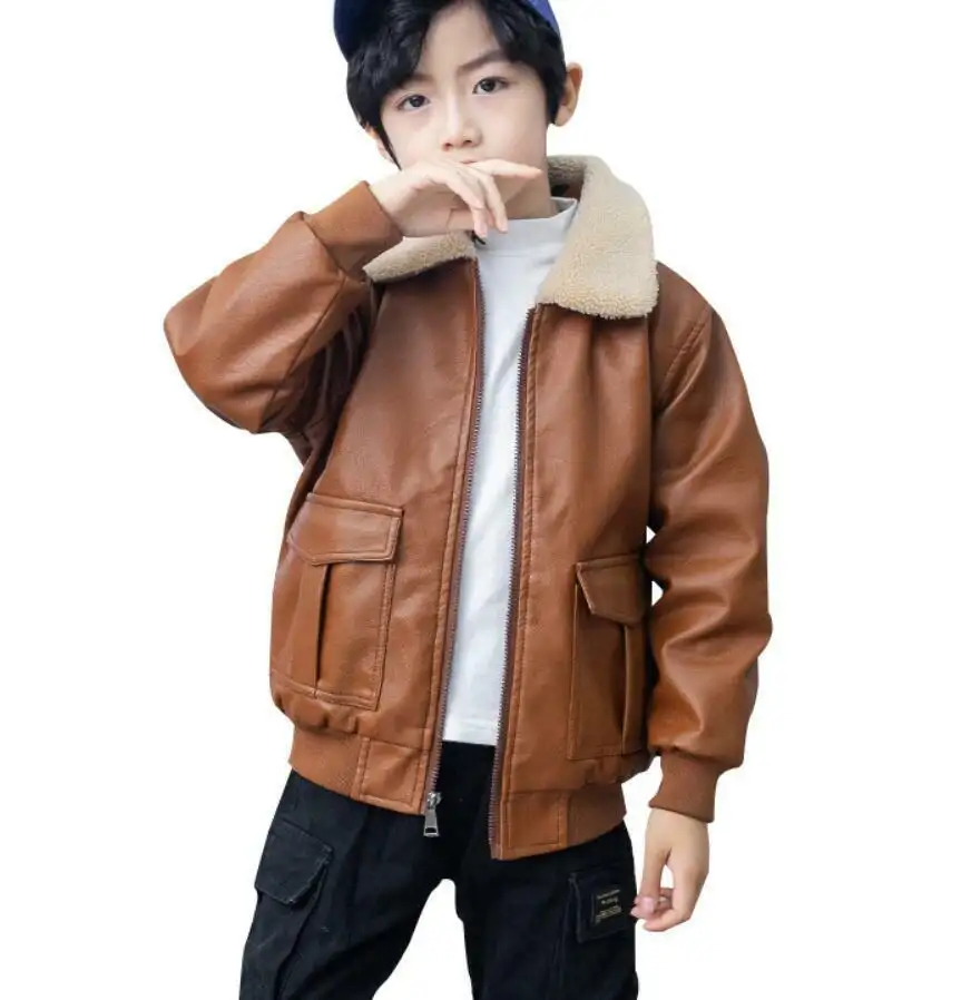 Jaket kulit domba mode kustom OEM jaket musim dingin anak-anak jaket musim dingin tebal untuk anak-anak dengan kerah bulu