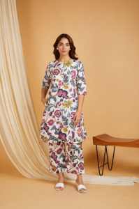 Vestido Kurti Plazo de Chifón Estampado Lavable para Mujer 2024, Multicolor, Mangas Tres Cuartos, Cómodo, Largo Midi - Product Image 3