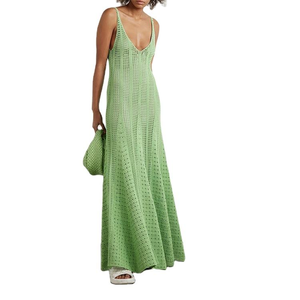 เดรสไหมพรมทรงแม็กซี่แบบเรียบง่าย สีเขียว คอวี แขนกุด สายเดี่ยว  แบบเว้าช่วงเอว  สำหรับผู้หญิง สไตล์ลำลอง - Product Image 1