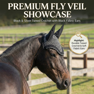 Voile anti-mouches pour cheval noir et gris, rembourré en crochet, de haute qualité, avec protège-oreilles noirs, bonnet équestre fait main pour l'équitation, l'entraînement et les concours - Product Image 5