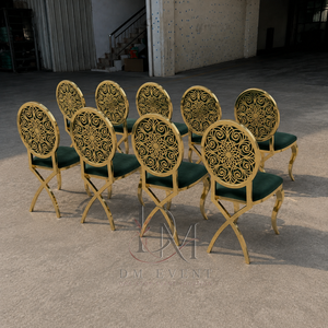 Chaise d'événement en acier inoxydable avec dossier découpé décoratif doré et revêtement vert pour mariages et banquets d'hôtel - Vente en gros - Product Image 2