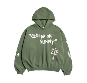 Sweat à capuche oversize vert olive pour homme en coton French Terry imprimé « Closed On Sunny », style décontracté automne, coupe classique - Product Image 1