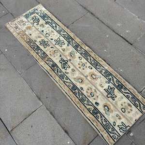 Turkish Vintage Rug, 1.4x4.6 ft Small Rug, <b>Brown</b> Blue Abstract <b>Wool</b> Rug - Product Image 4