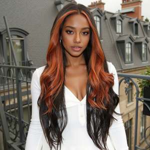 Mina C-DWY Transparent Lace Front Glueless Synthetic <b>Wig</b> with Orange for Ombre Long Body Wavy Middle Part - Product Image 2