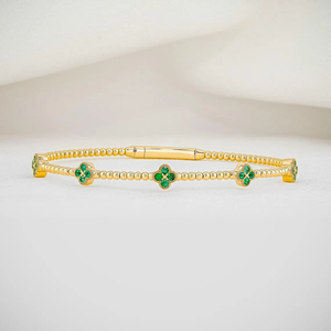 Gold Beaded Floral Clover <b>Bracelet</b> with Real Lab Diamond & Color Natural Gemstone Adjustable <b>Bracelet</b> for Women in 14K Pure Gold - Product Image 3