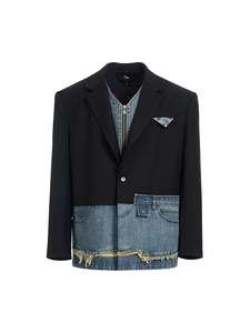 2025 diseño de nicho abrigos a medida personalidad imitación de dos piezas empalmado Denim Blazers hombre guapo traje de manga larga chaquetas para hombres - Product Image 4