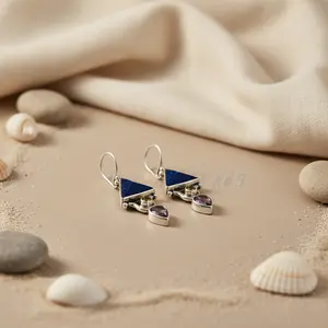 Boucles d'oreilles pendantes en pierre précieuse bleue élégante pour femmes en argent 925 - Product Image 1