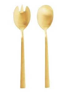 Elegant brass salad serving <b>spoon</b> and fork set with polished <b>gold</b> finish suitable for formal events and dinner parties - Product Image 2
