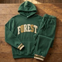 Ensemble de survêtement vintage en molleton épais écologique imprimé vert forêt, délavé à l'acide, avec patch lettre en chenille pour homme