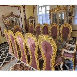 Juego de Comedor de Madera de Teca Tallada a Mano de 12 Plazas con Elegante Estilo Europeo y Acabado Dorado - Product Image 1