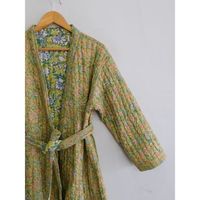 100% hecho a mano algodón acolchado Kimono Albornoz bloque de mano estampado Floral largo Sexy vestido de noche para mujer ropa de dormir verano