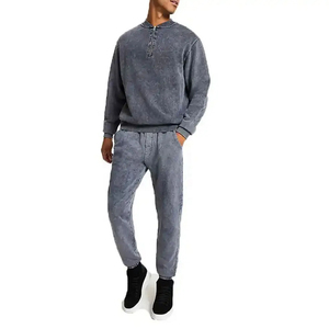 Chándales de lavado ácido de 100% algodón personalizados 500GSM, traje de jogging de pierna recta, chándal desgastado, sudaderas con capucha y pantalones de chándal, conjuntos para hombres - Product Image 3