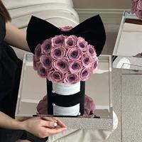 Kotak Bunga Akrilik AYOYO Medium Bow Hug Bucket Bentuk Jamur dengan Mawar, Bunga Abadi, Bunga Awet, untuk Hari Valentine, Hiasan Mobil