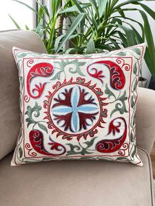 Indian Handmade Embroidered Vintage Ethnic Decorative Square <b>Cushion</b> <b>Cover</b> Suzani Pillow Case Leaf Print Handmade Throw Pillow - Product Image 5