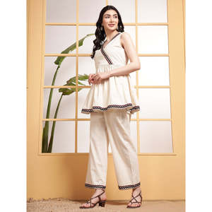 Deebaco Women's Off-<b>White</b> Cotton <b>2</b>-<b>Piece</b> Co-Ord <b>Set</b> With Embroidery V-Neck Top And Ankle Length Trouser Casual Wear Outfit - Product Image 4