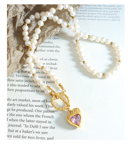 Romanticismo francés Retro Rosa verde Rhinestone en forma de corazón OT hebilla colgante collar de perlas de agua dulce - Product Image 3