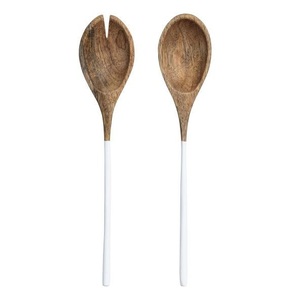 Meilleur vendeur Ensemble de serveurs à salade en bois durable en 2 pièces Finition naturelle avec poignée blanche pour un usage domestique et hôtelier - Product Image 1