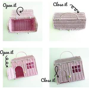 DreamCraft Small <b>Pink</b> House-Shaped Rattan Basket Boho Chic Dollhouse Purse <b>Clutch</b> Wicker Toys Carrier Gift for Girls Vietnam - Product Image 2