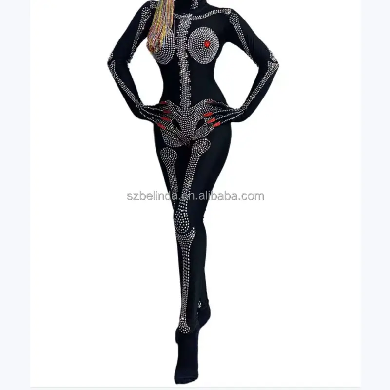 Rhinestones women black suits with crystal human skeleton Pearls Strech Men Dance Jumpsuit Evening dress Birthday Show Outfit