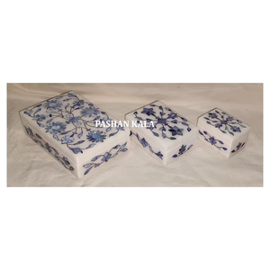 Boîte à bijoux de travail en incrustation de nacre bleue en marbre blanc fait à la main en forme de rectangle pour cadeau d'entreprise et cadeau de mariage - Product Image 1