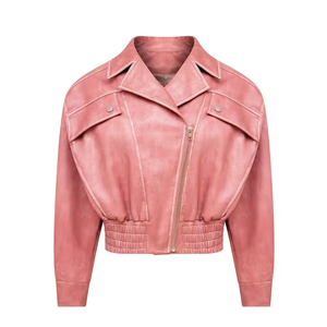 Chaqueta de Cuero Estilo Bomber Corta con Cierre, Color Rosa Vintage, de Lujo, para Adultos - Product Image 1