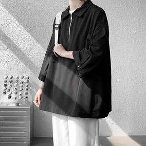 เสื้อยืดซิปคอธรรมดาเสื้อผ้าผู้ชายแขน3/4ลำลองฤดูร้อนสีพื้นสไตล์จีนขนาดใหญ่พอดีตัวแห้งเร็ว - Product Image 3