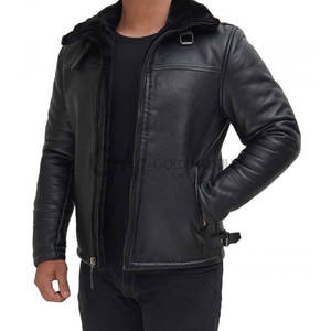 Chaqueta de cuero de bombardero de piel de oveja de alta calidad, abrigo cálido de piel de oveja genuina con tela de lona de lana gruesa, MOQ bajo - Product Image 6