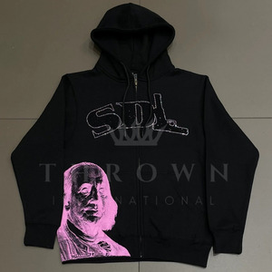 Sweat à capuche d'hiver en molleton 100 % coton pour homme SDL Skeleton, avec logo brodé en strass, coupe oversize, couleurs personnalisables, haute qualité - Product Image 4