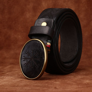 Cinturón de Cuero con Hebilla Lisa y Patrón Tallado de Estilo Vintage Original para Hombre, Cinturón de Cuero Vacuno Genuino - Product Image 5