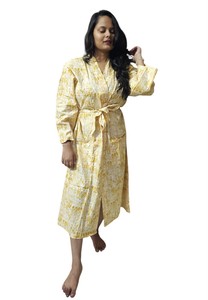 Peignoir pour femme en coton 100% imprimé à la main, motif floral jaune, vêtements de nuit, taille - 48 pouces - Product Image 2