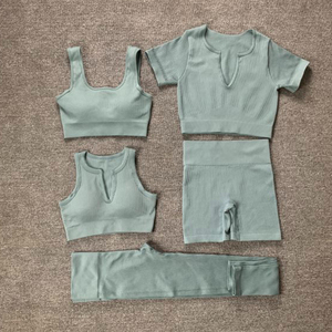 Ensemble de yoga et fitness 11 couleurs en tricot sans couture, respirant et confortable, polyester/coton, avec soutien-gorge à col plat et short - Product Image 6