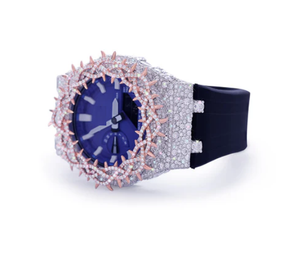 Montre unisexe à mouvement à quartz en acier inoxydable avec cadran bleu profond serti de diamants dorés rose, cadran de 46 mm, date automatique - Product Image 2