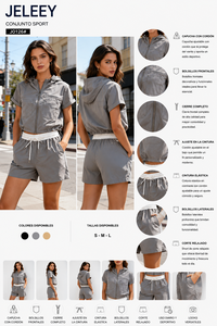 Conjunto Deportivo de 2 Piezas para Mujer, Sudadera con Cierre de Cremallera y Pantalones Cortos con Cordón, Transpirable, para Yoga, con Logotipo Frontal, Spandex/Poliéster - Product Image 1