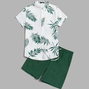 <b>Mens</b> Vintage Tropical Leaf Print <b>Short</b> Sleeve Shirt <b>Green</b> <b>Shorts</b> Set Casual Summer Beachwear Lightweight Breathable Two-Piece - Product Image 3