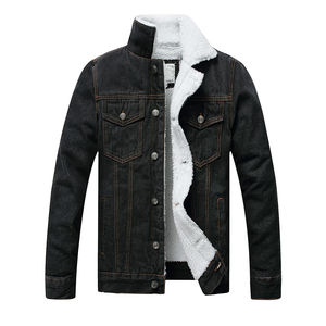 Wholesale Men's <b>Fleece</b> Lined Jean <b>Jacket</b> With Fur <b>Black</b> Color Long Sleeve Windbreaker Cotton Denim <b>Jacket</b> For Winter - Product Image 1