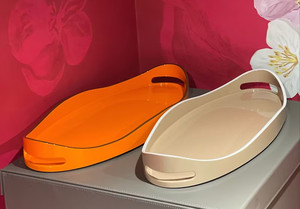 Luxury Design Best Quality Glossy White & Orange Lacquer Oval Serving Tray With Handles for Display Tea Coffee <b>Table</b> Decor - Product Image 5