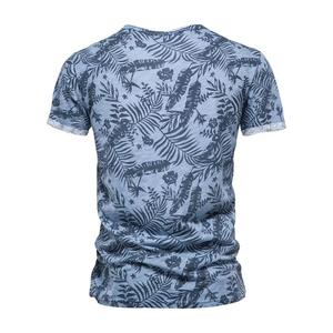 เสื้อยืดแขนสั้นพิมพ์ลายใบไม้เขตร้อนสีน้ำเงินสำหรับผู้ชายสวมใส่สบายๆในฤดูร้อน - Product Image 2