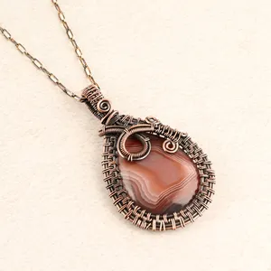 Different Look Natural Crazy Lace Agate Cabochon Pendant Copper Wire Wrapped Paperclip Chain Necklace Pendant Present For Love