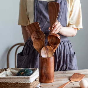 Juego de Utensilios de Cocina de Madera de Teca Natural, Antiadherentes, con Agarre Cómodo, Cucharas y Cucharón de Madera para Cocinar, Venta al por Mayor - Product Image 1