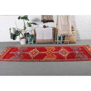 Vintage Turkish <b>Runner</b> Rug 3x10.4 ft (91x318 cm), <b>Red</b> Ombr Herki Rug - Product Image 3