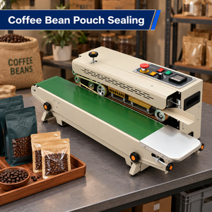 Machine de scellage de sacs de café avec convoyeur horizontal et système de chauffage pour sachets de grains de café avec marques gaufrées en acier - Product Image 1