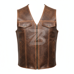 Chaleco de Cuero Genuino para Hombre, Color Cognac, Cuello Alto, Cierre Frontal con Cremallera, Chaleco de Motociclista, Marca Privada OEM, Chalecos y Chaquetas para Hombre - Product Image 3