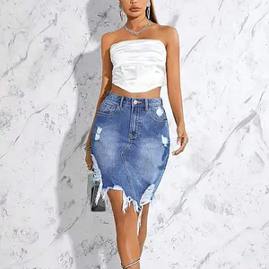 Novedades Falda rasgada de mezclilla recta de verano para mujer personalizada Logo Cremallera Botón Bolsillos Patrón sólido Estilo Y2K para primavera - Product Image 1