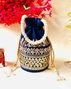 Indian Ethnic Designer Golden Zari Embroidery and Pearl Handle Tassel Handbag Designer Coin Potli Bag for Women's Return Gift - Product Image 1