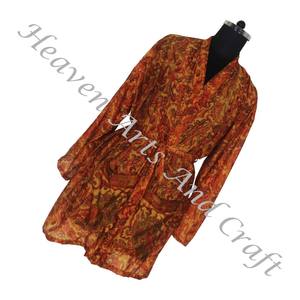 KS007-Kimono en soie vintage pour femme, robes courtes, sari en soie vintage, faites à la main, avec poches et ceinture, OEM - Product Image 5